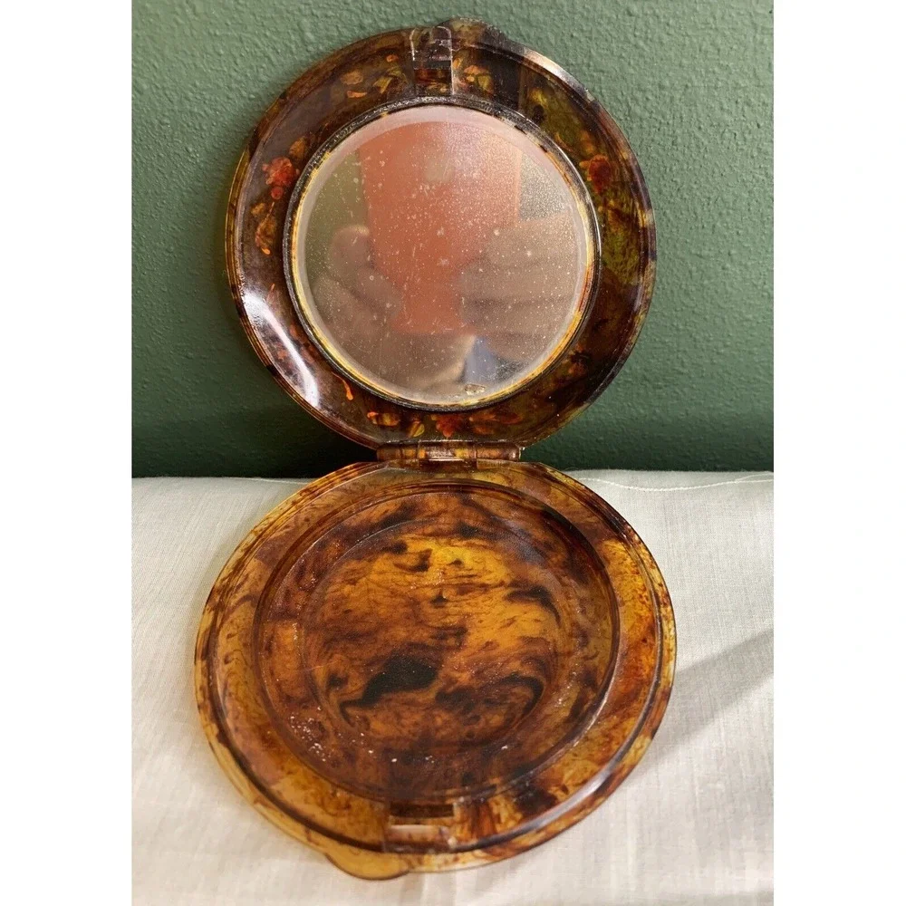 Lucite Mirrored Compact Case Vtg Mavco Rhinestone Hand-painted Floral Tortoise